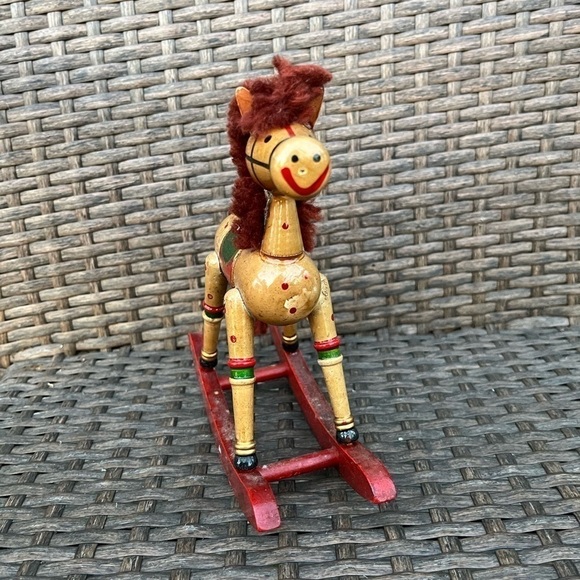 VINTAGE Wooden Rocking Horse Pony Yarn Mane Christmas Decor Handcrafted - Picture 3 of 7